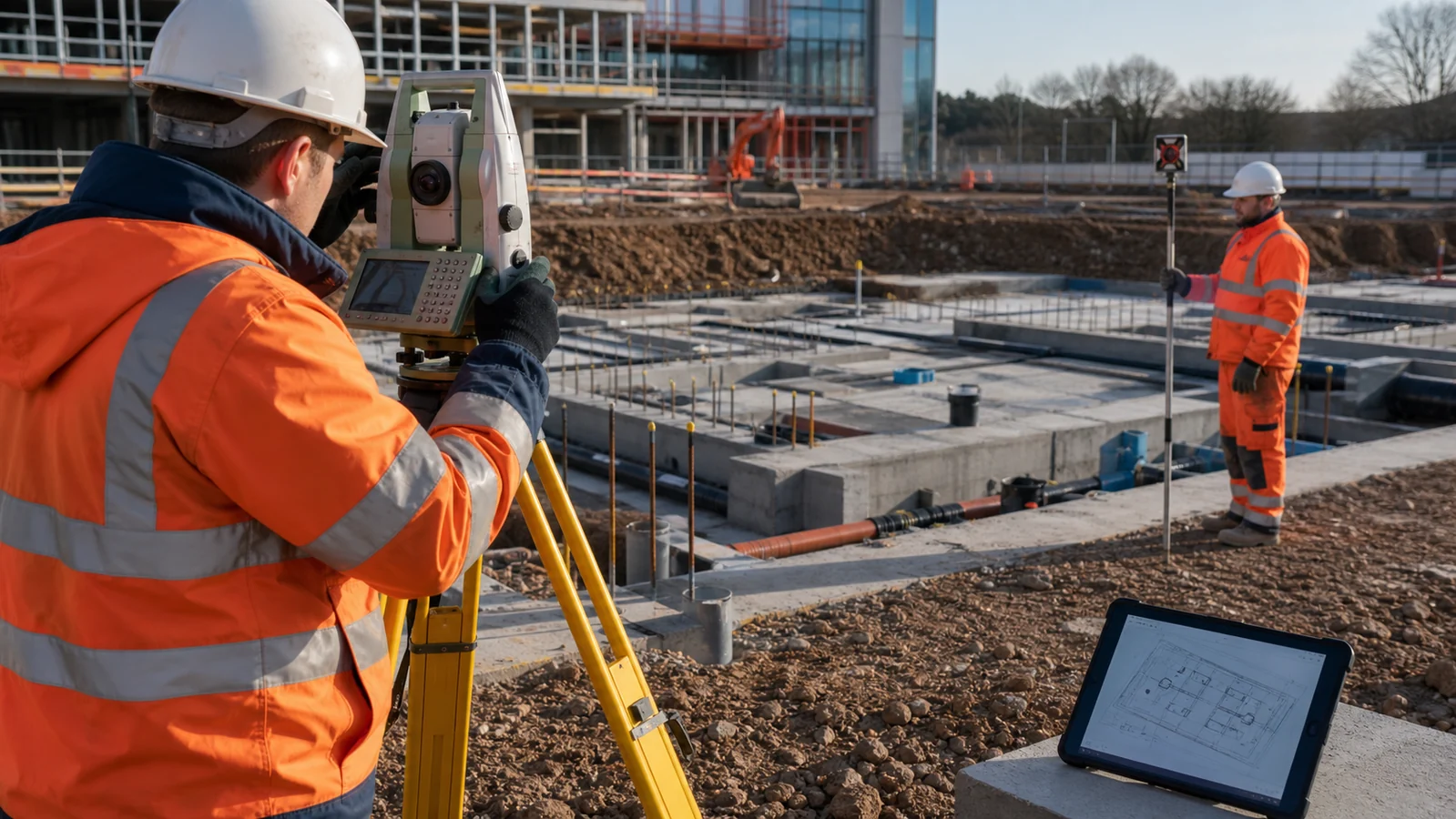 Site engineer recording an as-built survey before foundations and services are covered