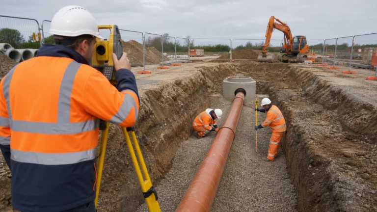 Drainage run inspection showing pipe gradient, invert level and as-built survey checks