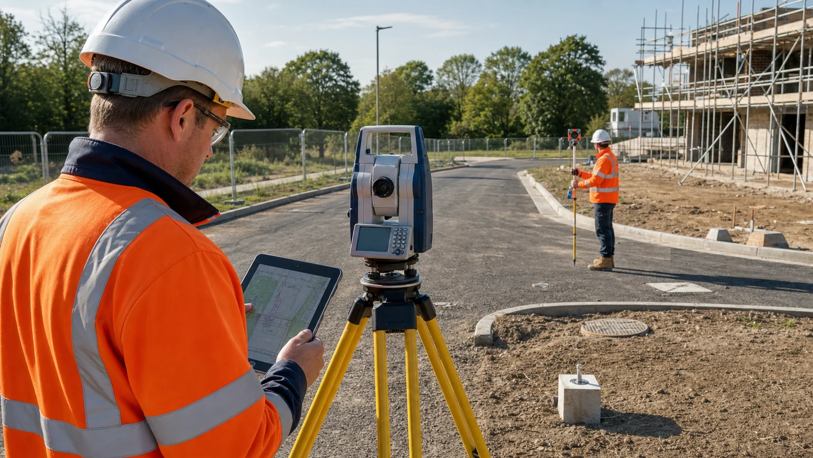 Topographic survey site preparation with a total station, prism pole and clear site access