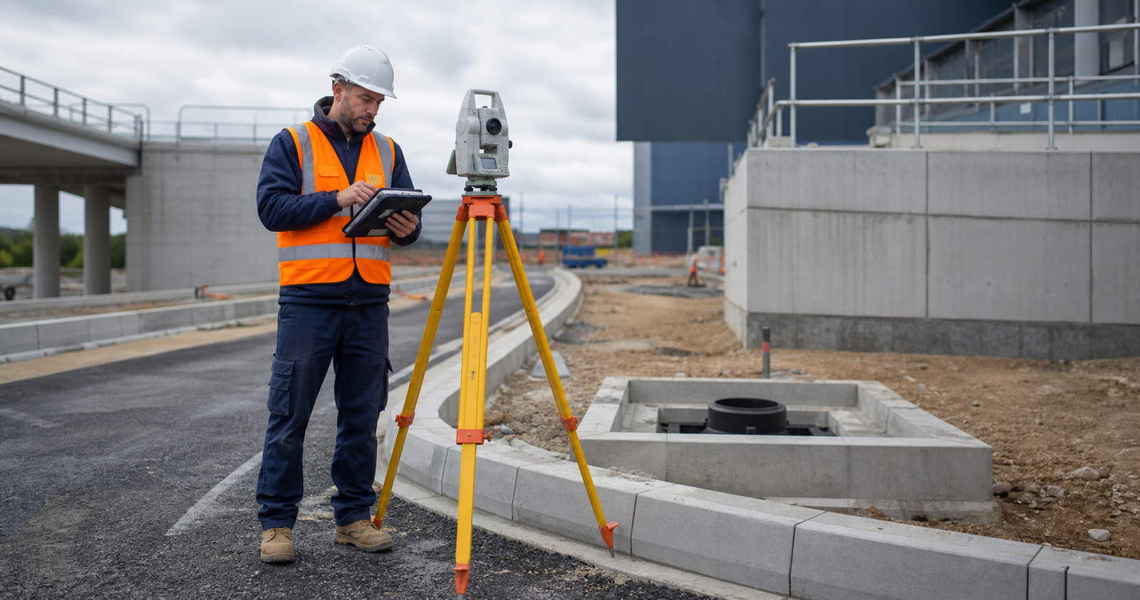 Site engineer carrying out an as-built survey with a total station on a UK construction project