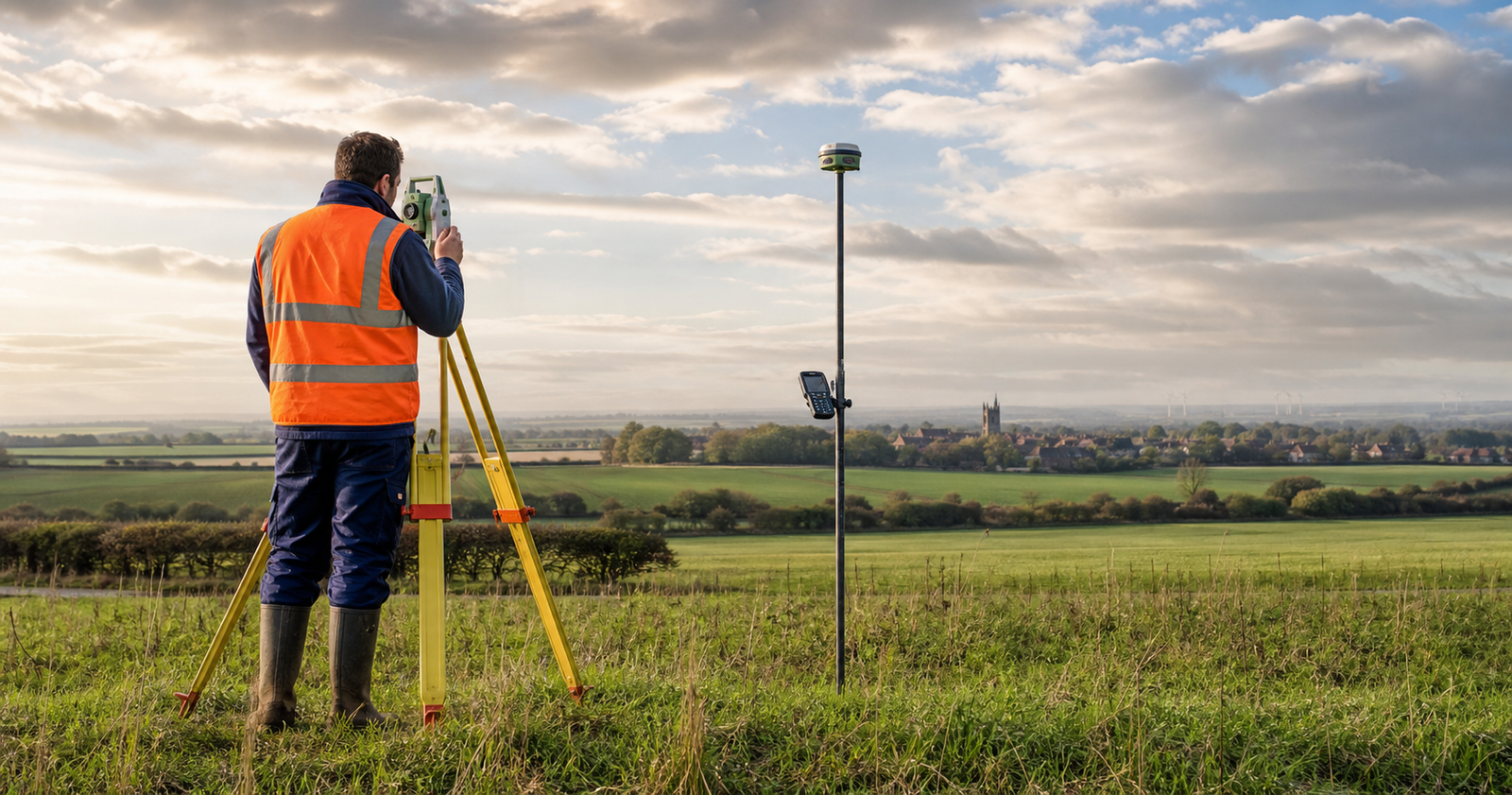 Land surveyor using a total station in the Lincolnshire countryside