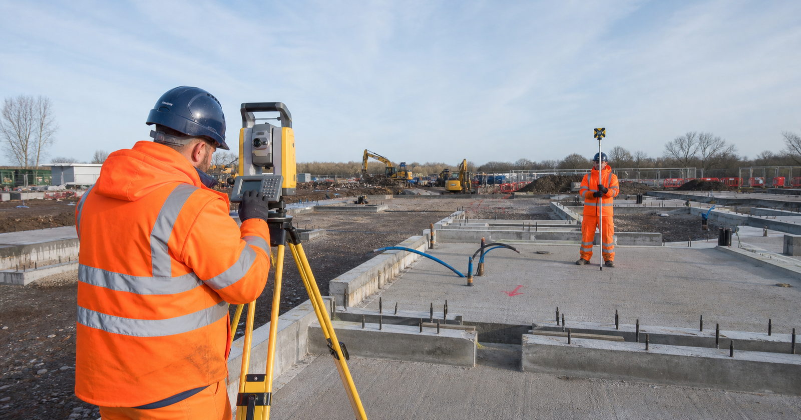 Site engineers carrying out precision setting out with a total station on a UK construction project